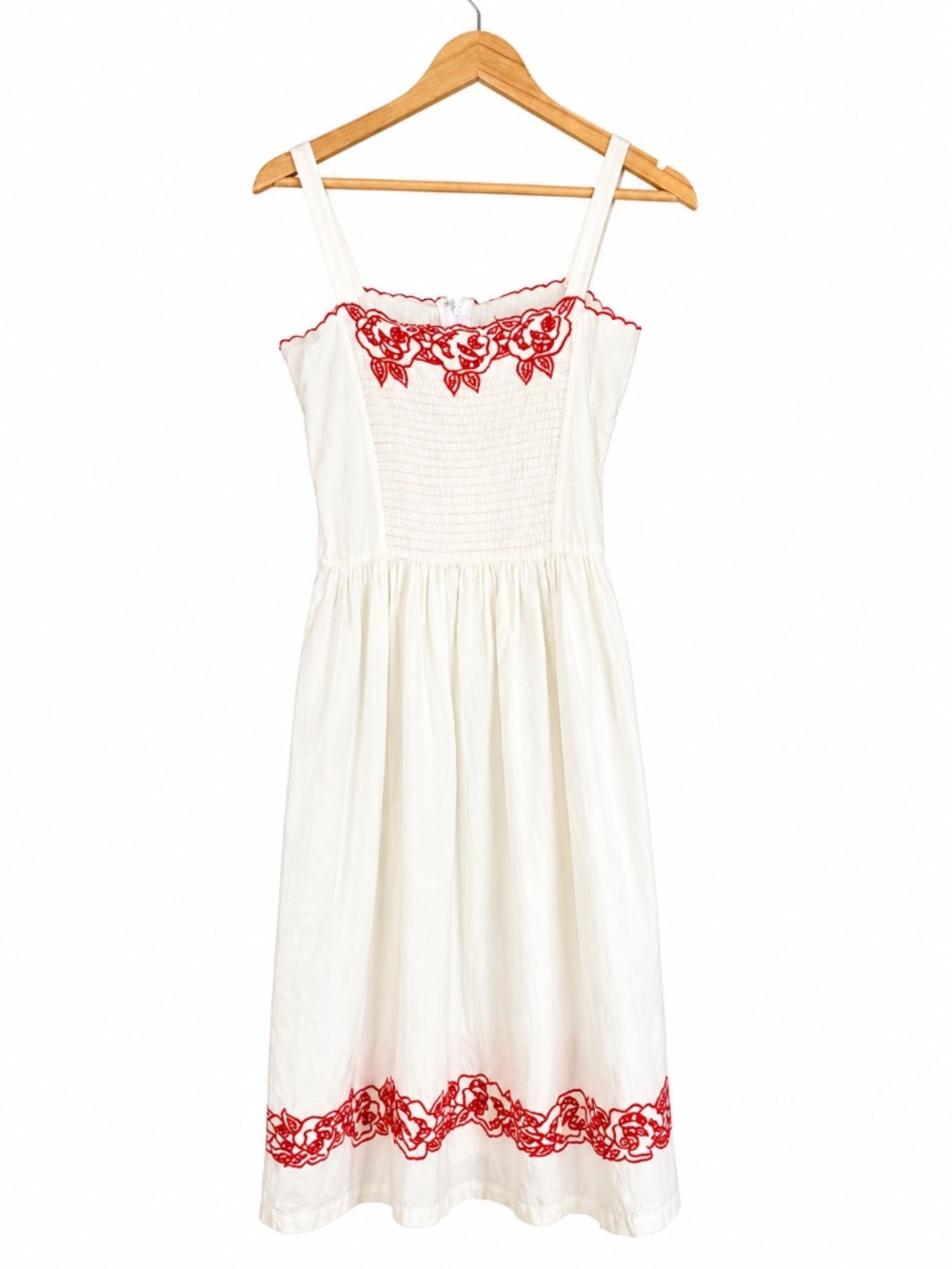Vintage Kitty Kumar 100% Cotton Embroidered Red/White Midi Dress - India- Small